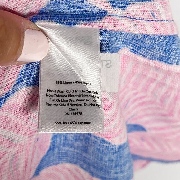 Vineyard Vines Size 00 Pink Blue Palm Print Maxi Dress Cross Strap Linen Blend - Picture 10 of 11